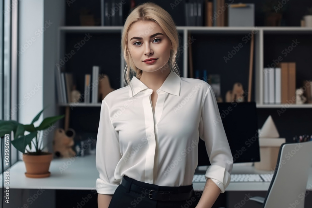 Generative AI Illustration of portrait of young business blond woman against blurred office Generative AI Illustration of portrait of young business blond woman against blurred office