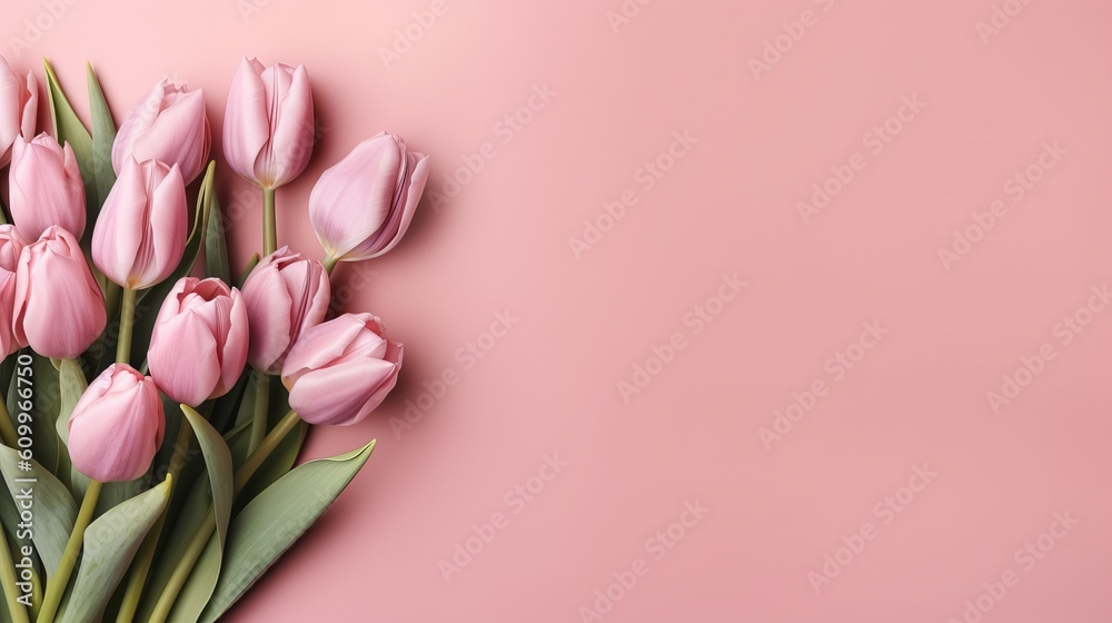 bouquet of pink tulips on a pink background