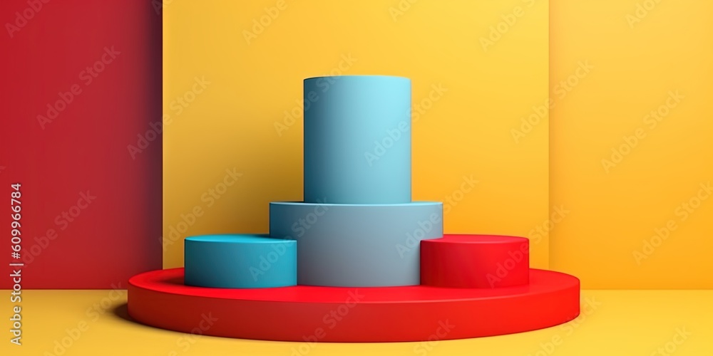 Abstract room with set of steps realistic red, yellow and blue color cylinder stand podium. Minimal wall scene for mockup product display. geometric minimal forms. Abstract room with set of steps realistic red, yellow and blue color cylinder stand podium. Minimal wall scene for mockup product display. geometric minimal forms.