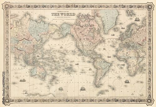 Canvas Print Vintage Map of the World (1858).