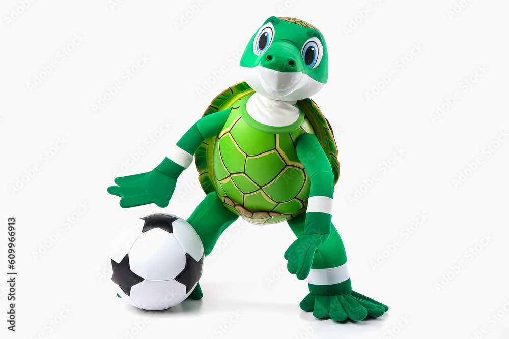 Mascot turtle playing soccer with energy on white background, wearing jersey and skillfully kicking football, perfect for marketing campaigns. Generative AI Mascot turtle playing soccer with energy on white background, wearing jersey and skillfully kicking football, perfect for marketing campaigns. Generative AI
