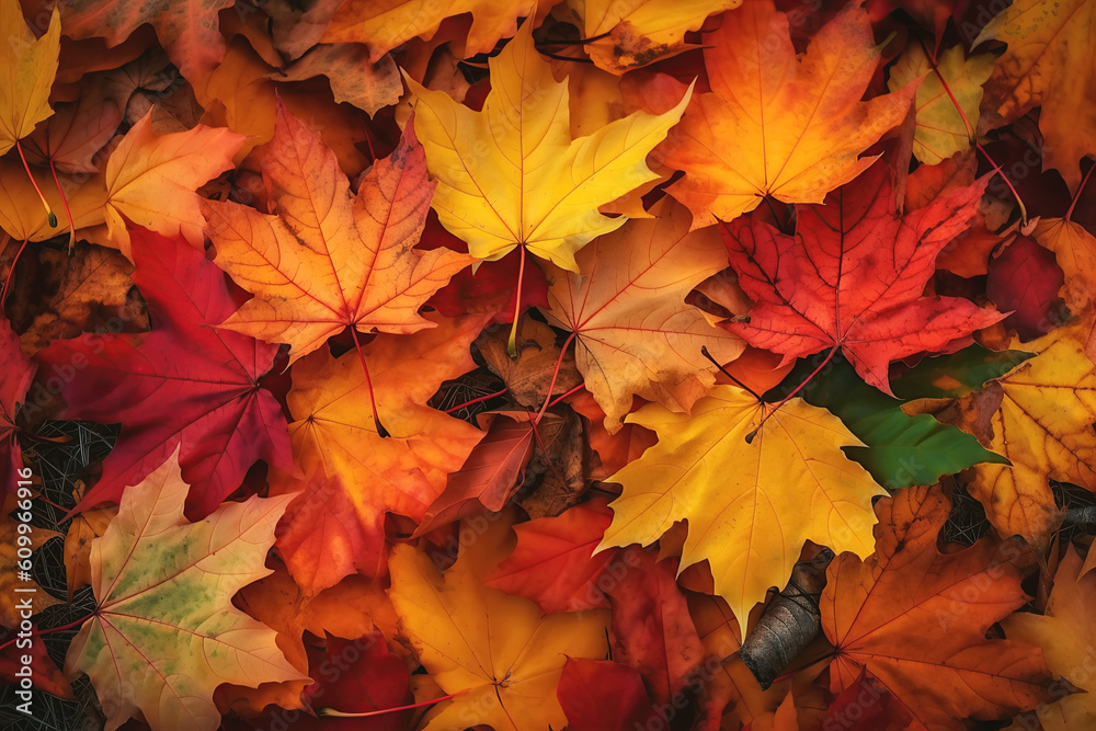 autumn background with fallen orange golden maple leaves with a copy space. Generative AI illustration autumn background with fallen orange golden maple leaves with a copy space. Generative AI illustration