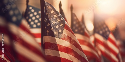 American Flags with copy space blurred background