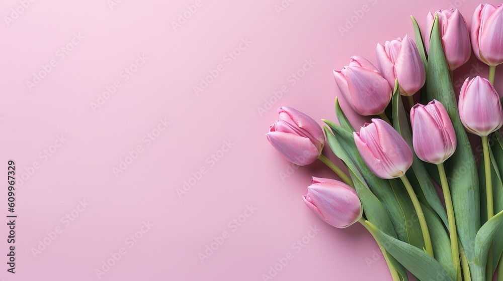 bouquet of tulips on a pink background
