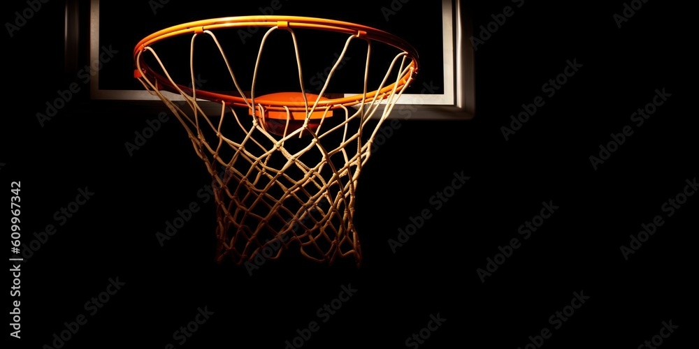 Basketball. Scoring basket with black background and empty space.