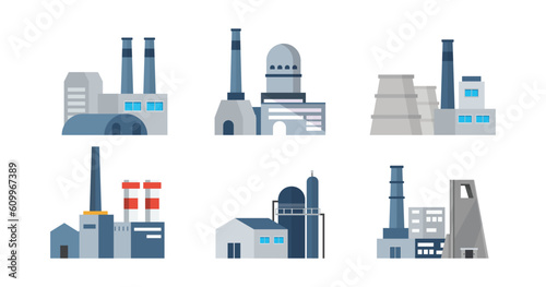 Set of power stations and plants for energy generation. Different types of factory buildings of heavy industry, generating electricity.