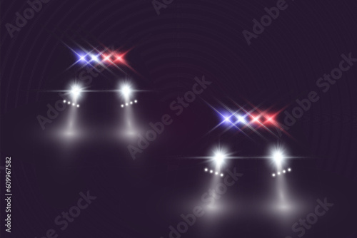 Realistic white glow round beams of car headlights, isolated on transparent background. Police car. Light from headlights. Police patrol.	
