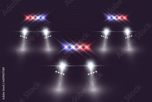 Realistic white glow round beams of car headlights, isolated on transparent background. Police car. Light from headlights. Police patrol.	
