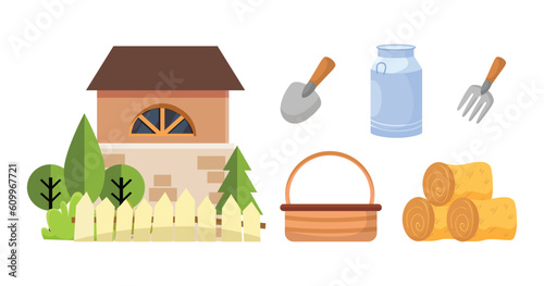 Concept natural farm and health products. Farm and Agriculture line set with white background. Farmland, garden equipment.