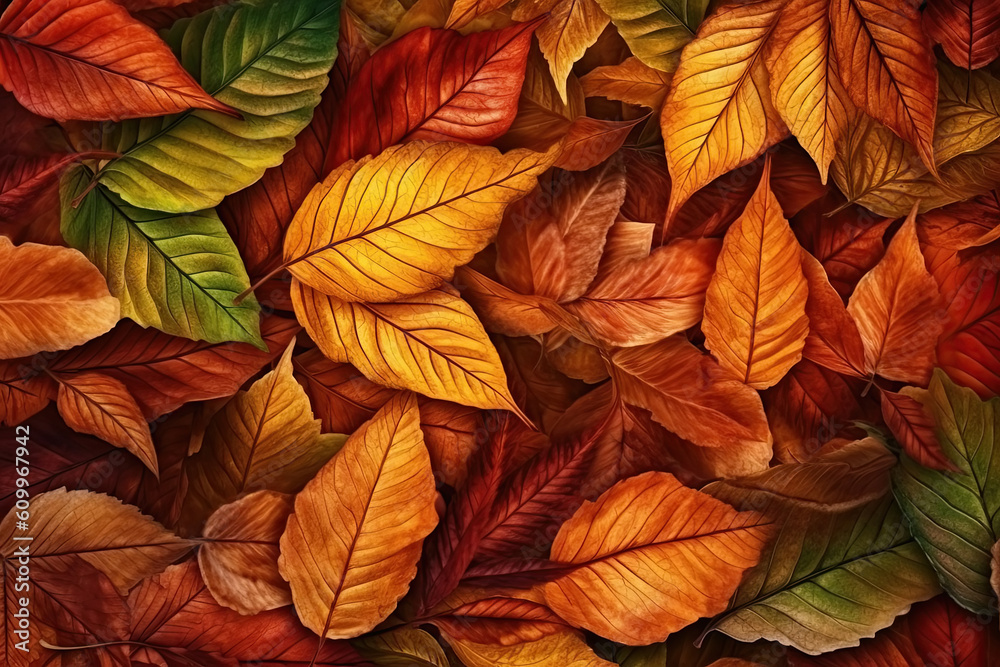 autumn background with a pattern of fallen orange leaves on ground. Generative AI illustration