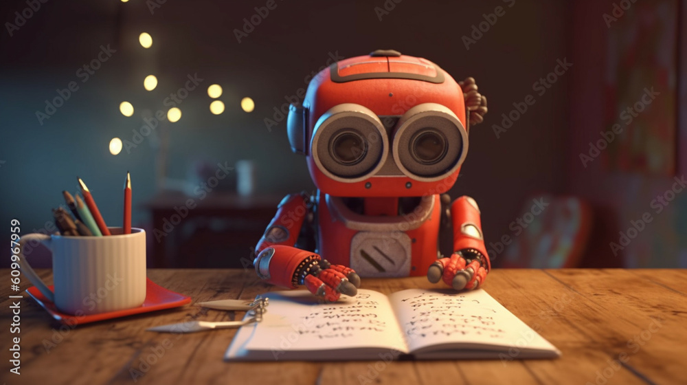 Cute robot with notebook and pencils on wooden table in dark room.The songwriter robot is composing music and reading the lyrics.4th Industrial Revolution,AI Learning Concept. Cute robot with notebook and pencils on wooden table in dark room.The songwriter robot is composing music and reading the lyrics.4th Industrial Revolution,AI Learning Concept.