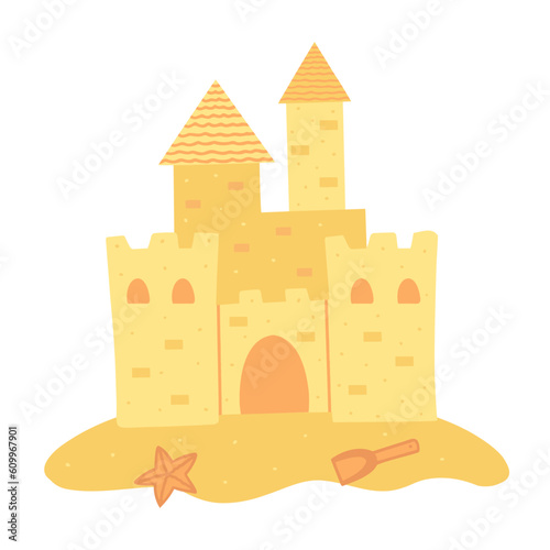 sand castle, beach, starfish and kids spatula. Vector Illustration for printing, backgrounds and packaging. Image can be used for greeting cards, posters and stickers. Isolated on white background.