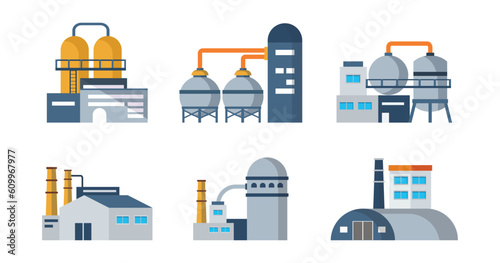 Industrial factory buildings set. Industrial buildings with pipes, power station, thermal nuclear power plants, different manufacturing, factory with storage tanks for oil.