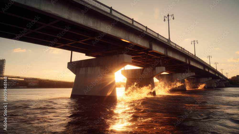 Generative AI image of scenery of long bridge with light poles connecting distant blurred city over rippling sea during sunset against cloudy sky Generative AI image of scenery of long bridge with light poles connecting distant blurred city over rippling sea during sunset against cloudy sky