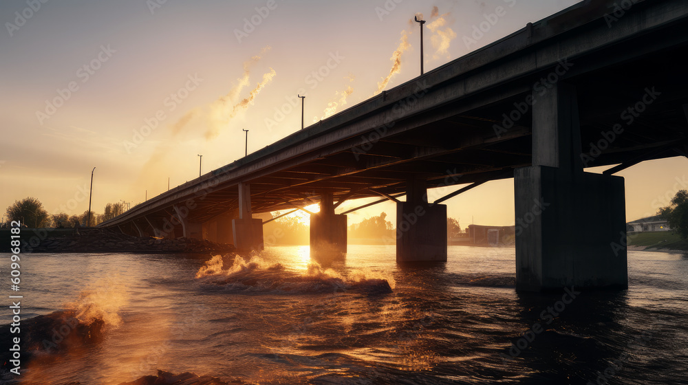 Generative AI image of scenery of long bridge with light poles connecting distant city over rippling sea during sunset against cloudy sky Generative AI image of scenery of long bridge with light poles connecting distant city over rippling sea during sunset against cloudy sky
