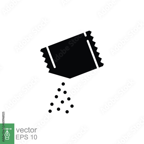Packet soluble powder icon. Simple solid style. Open paper sachet, tear, pour, medicine, food concept. Black silhouette, glyph symbol. Vector illustration isolated on white background. EPS 10.