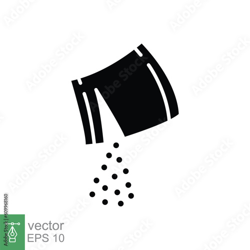 Packet soluble powder icon. Simple solid style. Open paper sachet, tear, pour, medicine, food concept. Black silhouette, glyph symbol. Vector illustration isolated on white background. EPS 10.