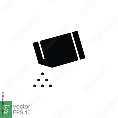 Packet soluble powder icon. Simple solid style. Open paper sachet, tear, pour, medicine, food concept. Black silhouette, glyph symbol. Vector illustration isolated on white background. EPS 10.