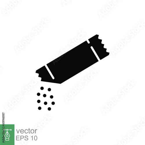 Packet soluble powder icon. Simple solid style. Open paper sachet, tear, pour, medicine, food concept. Black silhouette, glyph symbol. Vector illustration isolated on white background. EPS 10.