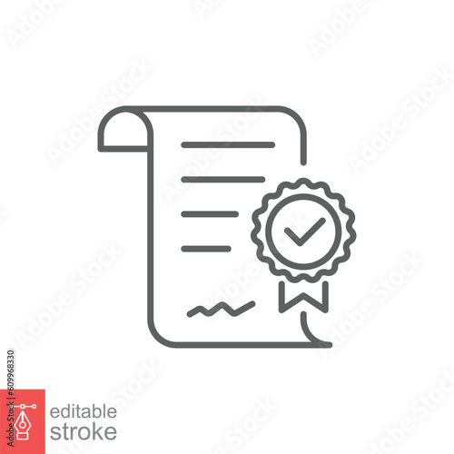 Approval document icon. Simple outline style. Paper with check mark, tick, checkmark, success concept. Thin line symbol. Vector illustration isolated on white background. Editable stroke EPS 10.