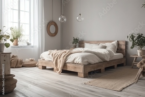 Beautiful cozy scandinavian bedroom with wooden frame bad abd interior decorations. Generative Ai