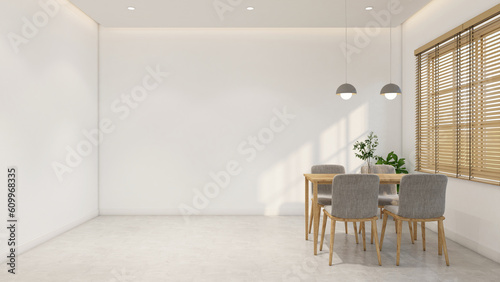 Modern japan style empty room decorated with dining table set and hanging lamp, white wall and polished floor. 3d rendering © Phongphan