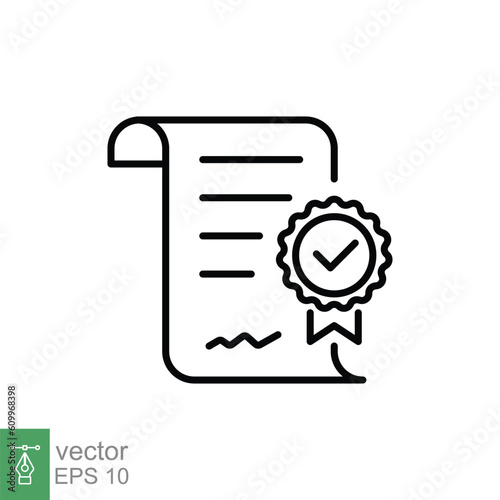 Approval document icon. Simple outline style. Paper with check mark, tick, checkmark, success contract concept. Thin line symbol. Vector illustration isolated on white background. EPS 10.
