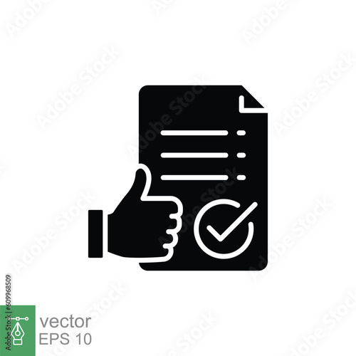 Approval document icon. Simple solid style. Thumb up, authorize agreement, license check, legal concept. Black silhouette, glyph symbol. Vector illustration isolated on white background. EPS 10.