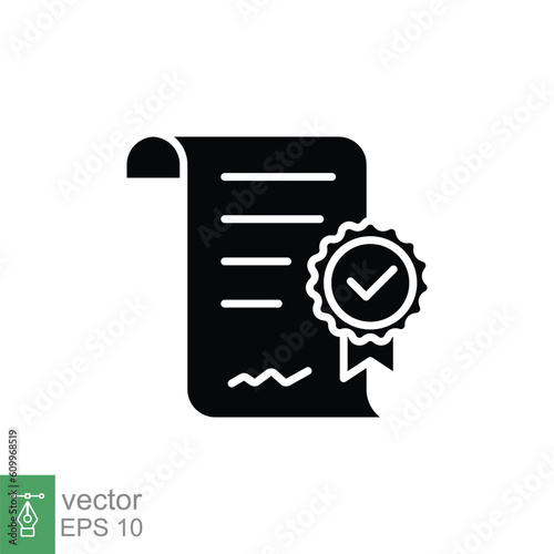 Approval document icon. Simple solid style. Paper with check mark, tick, checkmark, success contract concept. Black silhouette, glyph symbol. Vector illustration isolated on white background. EPS 10.