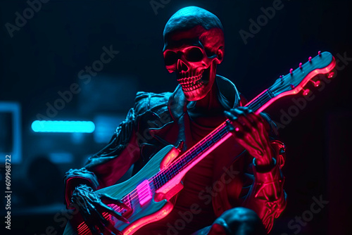A skeleton rocker or punk plays bass guitar. Neon Generative AI illustration.