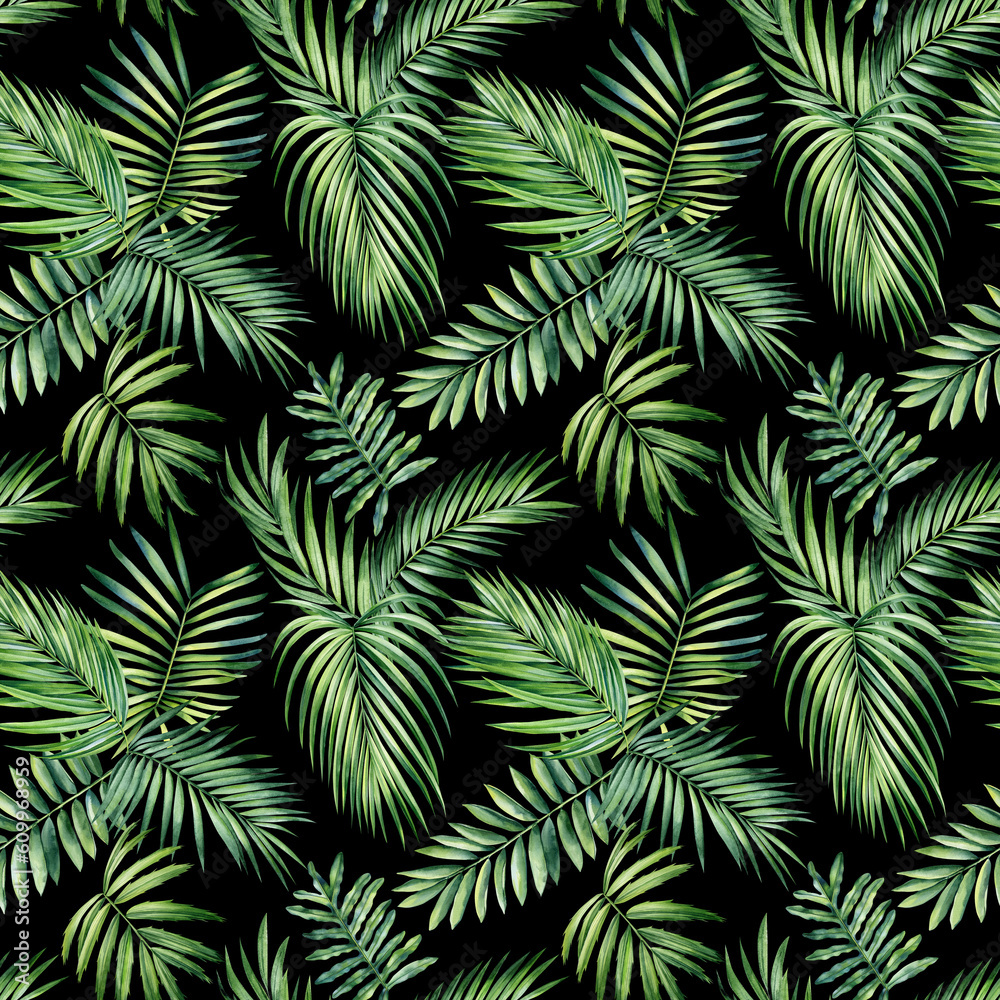 Jungle palm leaves. Tropical background, seamless pattern. Flora painting watercolor