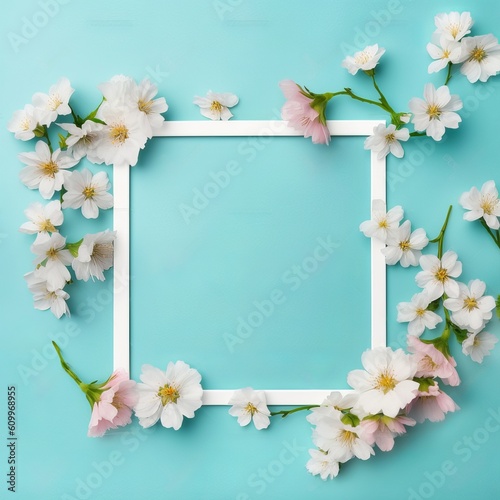 White frame on a blue background with flowers surrounding it.