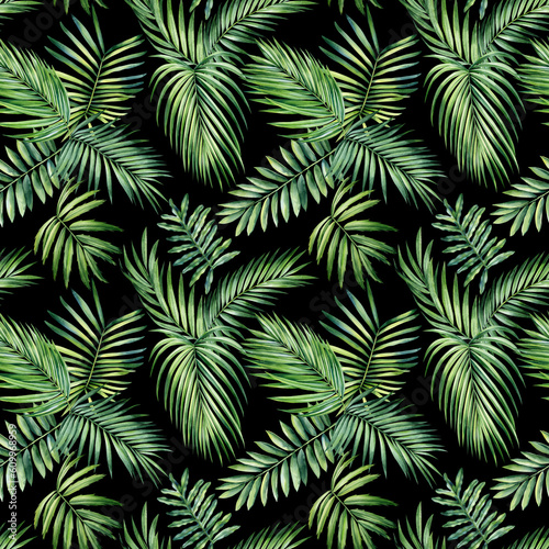 Jungle palm leaves. Tropical background, seamless pattern. Flora painting watercolor © Hanna