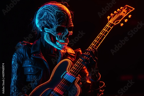 A skeleton rocker or punk plays rock guitar. Neon Generative AI illustration.