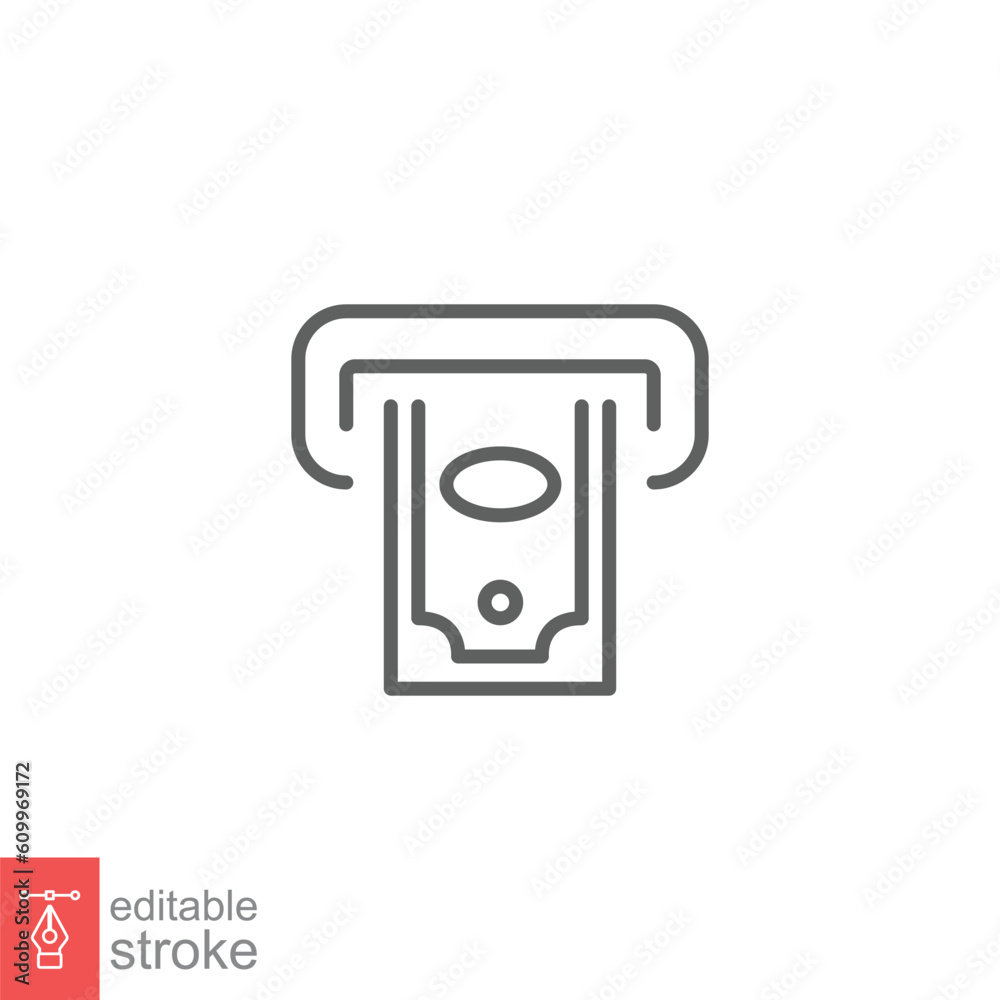 Cash withdrawal icon. Simple outline style. Withdraw, deposit, money, atm, finance, business concept. Thin line symbol. Vector illustration isolated on white background. Editable stroke EPS 10. Cash withdrawal icon. Simple outline style. Withdraw, deposit, money, atm, finance, business concept. Thin line symbol. Vector illustration isolated on white background. Editable stroke EPS 10.
