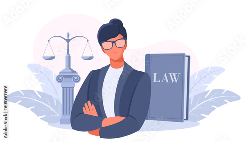 Business woman in a suit lawyer, advocate, judge, notary. Scales and the book of the law. The concept court and justice, legal services of a lawyer, notary. Vector illustration.