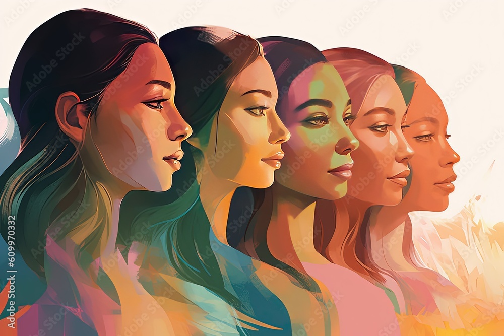 Empowered Women of different races. Women faces graphic illustration. Women celebration day. Not real person.  Generative Ai
