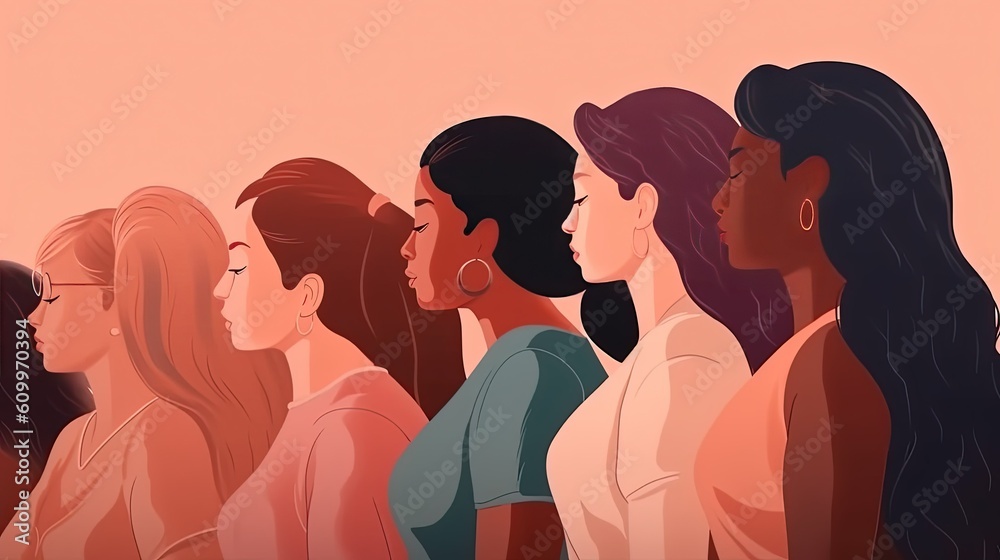 Empowered Women of different races. Women faces graphic illustration. Women celebration day. Not real person. Generative Ai