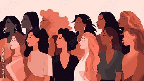 Empowered Women of different races. Women faces graphic illustration. Women celebration day. Not real person. Generative Ai