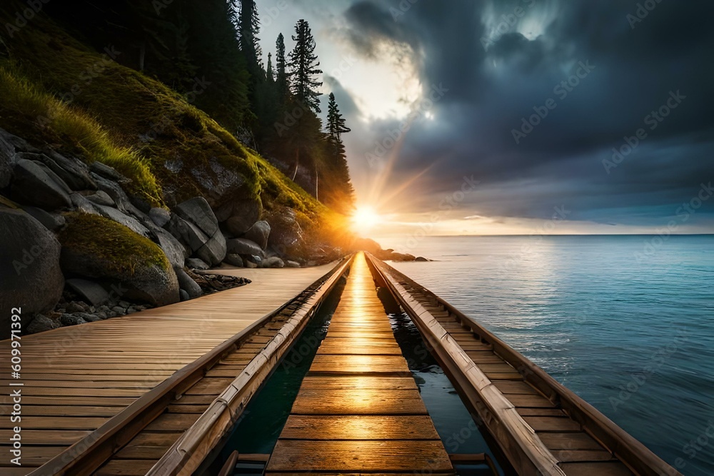 Naklejka premium pier at sunset by AI generating