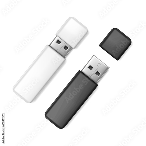 3d realistic vector icon set. White and black usb flash drive.