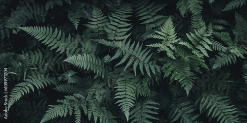 Dark green ferns background, fern leaves moody botanical texture, low key natural plants banner