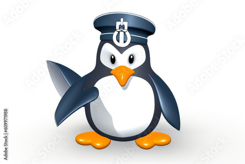 Cute penguin mascot on a white background. Wearing a sailor's hat, this adorable flightless bird provides the perfect backdrop for any project. Generative AI © XaMaps