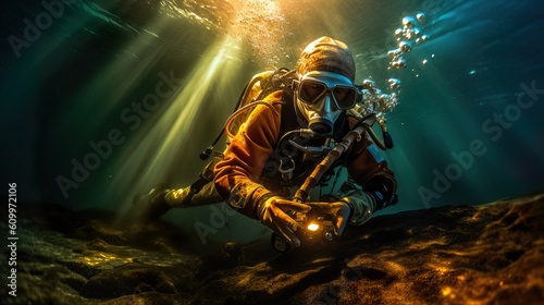 A fictional person.  Brave Underwater Welder Ready for Deep Descent © Dangubic