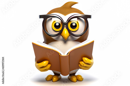 Mascot of an owl leaning against a white background, librarian wearing glasses and holding a book. Perfect for logo and studious creative use. Generative AI photo