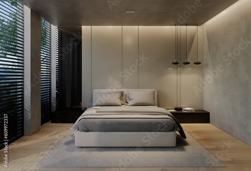 Modern bedroom interior design contemporary  with natural tones on the room  walls  floor and ceiling. 3d rendering illustration