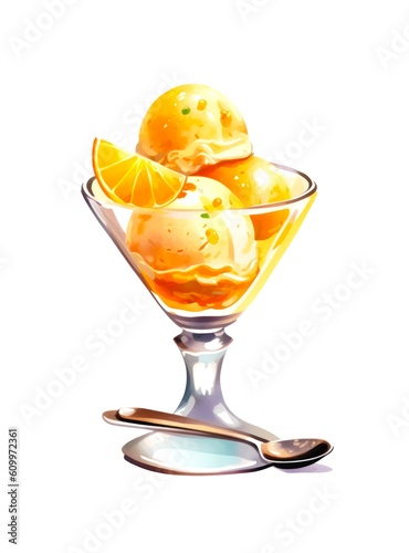 Glass of orange ice cream on white background in watercolor style. Generative AI.