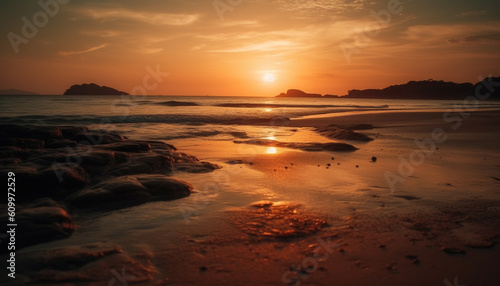 Tranquil sunset over tropical coastline, reflecting orange and yellow beauty generated by AI
