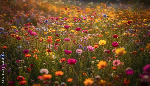 Vibrant wildflower meadow in the tranquil rural summer landscape generated by AI
