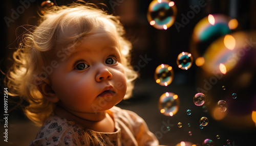 Cute Caucasian toddler girl playing with bubbles outdoors, smiling joyfully generated by AI